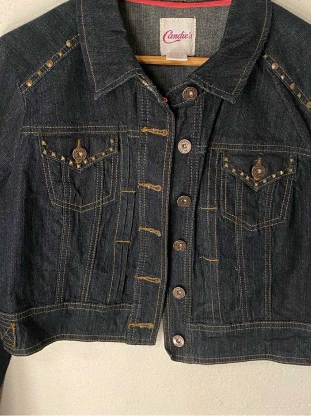 Candie's Dark Blue Denim Cropped Trucker Jacket with Stud Accents